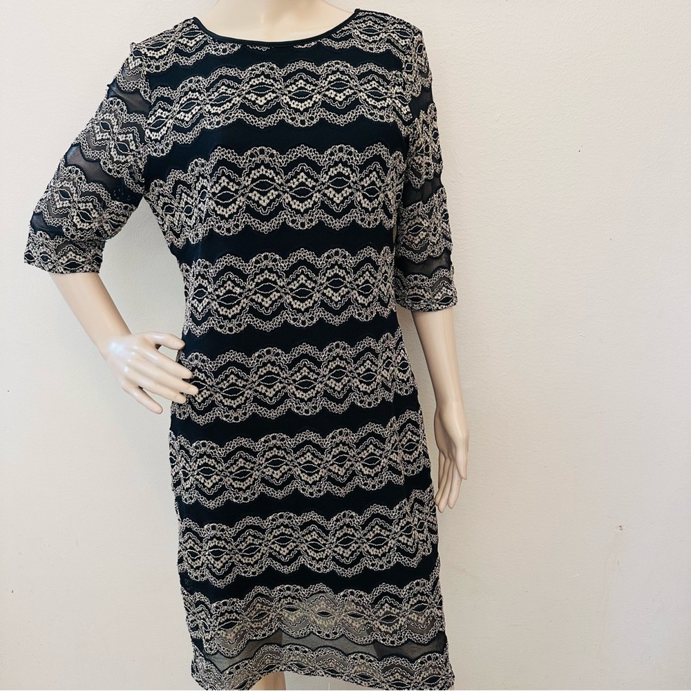 Gianni Bini Black and Cream Patterned Long Sleeve Dress